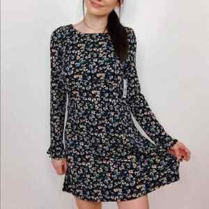 Free People Blue Floral SKATER Long Sleeve Mini Dress BOHO COUNTRY COWGIRL